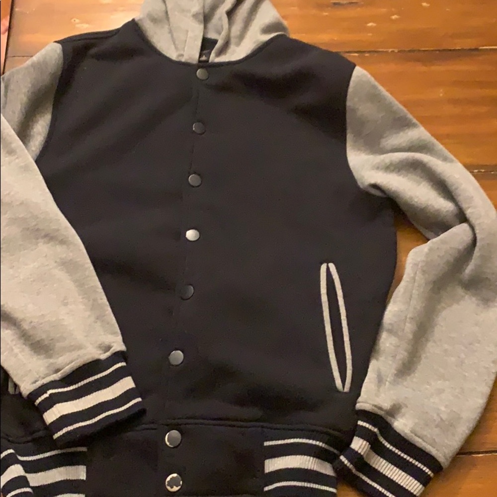 Ring of Fire varsity style gray hooded jacket